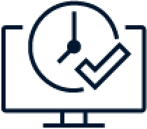 Das Symbol auf dem Computermonitor zeigt eine Uhr und ein Häkchen an und symbolisiert Zeitmanagement, Zeitplanung oder den erfolgreichen Abschluss einer zeitlich festgelegten Aufgabe.