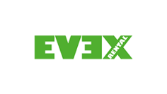 Logo vert sur fond blanc avec le mot EVE en caractères gras, un E en miroir et un grand X avec le mot RENTAL écrit en diagonale sur le X en blanc.