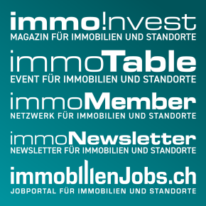 Weisser Text auf tealfarbenem Hintergrund listet die Dienstleistungen immo!nvest (Magazin), immoTable (Event), immoMember (Netzwerk), immoNewsletter und immobilienJobs.ch (Jobportal) auf, alle für Immobilien und Standorte.