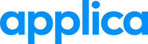 Das Bild zeigt das Wort applica in Kleinbuchstaben, geschrieben in einer fetten, abgerundeten blauen Schrift auf weißem Hintergrund.
