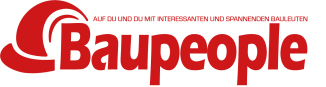 Logo mit einer roten Bauhelm-Grafik und dem Wort "Baupeople" in fetter roter Schrift. Darüber steht in kleinerer roter Schrift "AUF CLUB DU MIT INTERESSANTEN UND SPANNENDEN BAULEUTEN.".