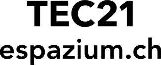Schwarzer Text auf weißem Hintergrund: TEC21 in großen Buchstaben über espazium.ch in kleineren Buchstaben.
