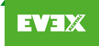 Grünes rechteckiges Logo mit dem fettgedruckten weißen Text „EVEX“. Die Buchstaben sind stilisiert, und das Wort „RENTAL“ erscheint diagonal in kleinerer grüner Schrift über dem abschließenden „X“.