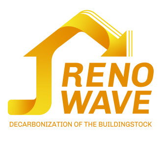 Logo mit einem stilisierten gelben Aufwärtspfeil in Form eines Hauses über dem Schriftzug "RENO WAVE" in fetten orangefarbenen Buchstaben, darunter der Slogan "DECARBONIZATION OF THE BUILDINGSTOCK".