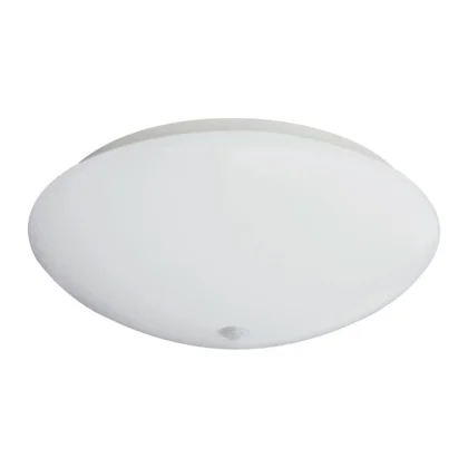 Eine runde, weiße, bündig montierte Deckenleuchte mit einer glatten, leicht gewölbten Oberfläche und einem kleinen Sensor oder Knopf in der Mitte.