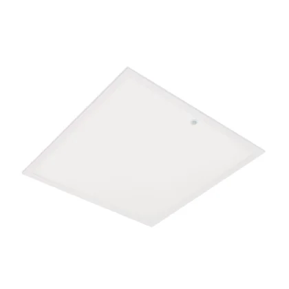 Ein quadratisches, weißes Deckenlichtpaneel mit einem flachen, minimalen Design und einem kleinen Sensor in einer Ecke vor einem schlichten weißen Hintergrund.