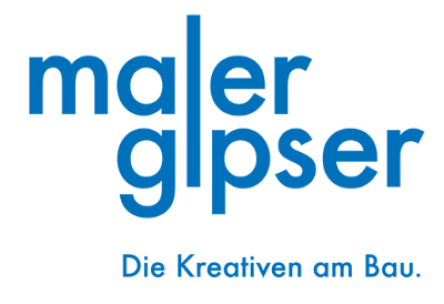Blaues Textlogo mit der Aufschrift malergipser und einer hohen vertikalen Linie, die die beiden Wörter verbindet; darunter steht in kleinerer Schrift Die Kreativen am Bau. auf weißem Hintergrund.