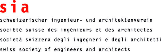 Das Logo zeigt sia in fetten roten Kleinbuchstaben, gefolgt von der vollständigen Bezeichnung Schweizerischer Ingenieur- und Architektenverein in Deutsch, Französisch, Italienisch und Englisch in schwarzer Schreibmaschinenschrift.