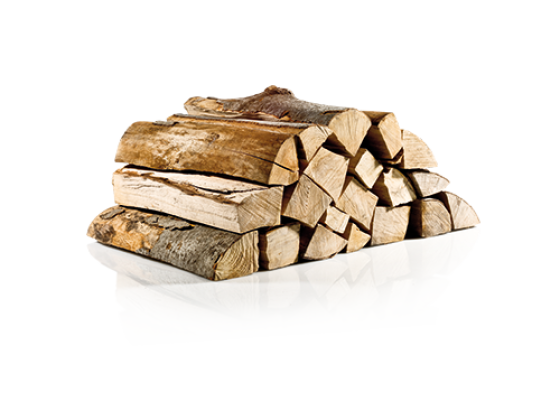 Une pile de bûches de bois de chauffage coupées, disposées sur une surface blanche avec un arrière-plan blanc uni.