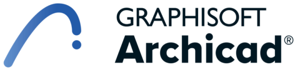 GRAPHISOFT Archicad Logo mit einer blauen, gebogenen Liniengrafik auf der linken Seite und dem Schriftzug GRAPHISOFT Archicad in fetten, schwarzen Buchstaben auf der rechten Seite.