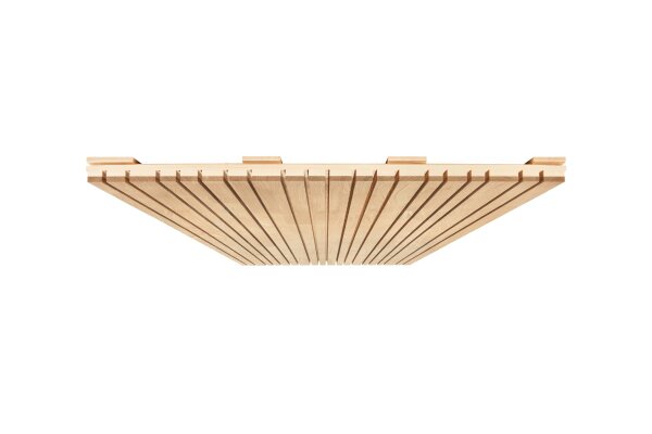 Objet en bois dont les lattes verticales régulièrement espacées, vues d'en bas, forment une forme trapézoïdale qui s'élargit vers le haut. Le bois a une finition légère et naturelle.