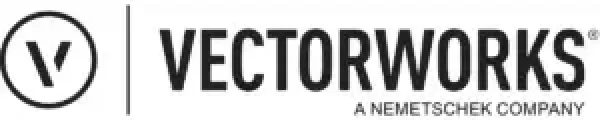 Vectorworks-Logo mit einem kreisförmigen V-Symbol auf der linken Seite und dem Text VECTORWORKS in fetten Großbuchstaben, darunter A NEMETSCHEK COMPANY in kleinerer Schrift.