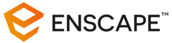 Enscape-Logo mit einem orangefarbenen geometrischen Symbol auf der linken Seite und dem Wort ENSCAPE in fetten schwarzen Buchstaben auf der rechten Seite.