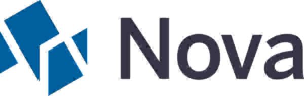 Ein blaues geometrisches Logo mit sich überlappenden Quadraten neben dem Wort Nova in fetten, dunkelgrauen Buchstaben auf hellem Hintergrund.