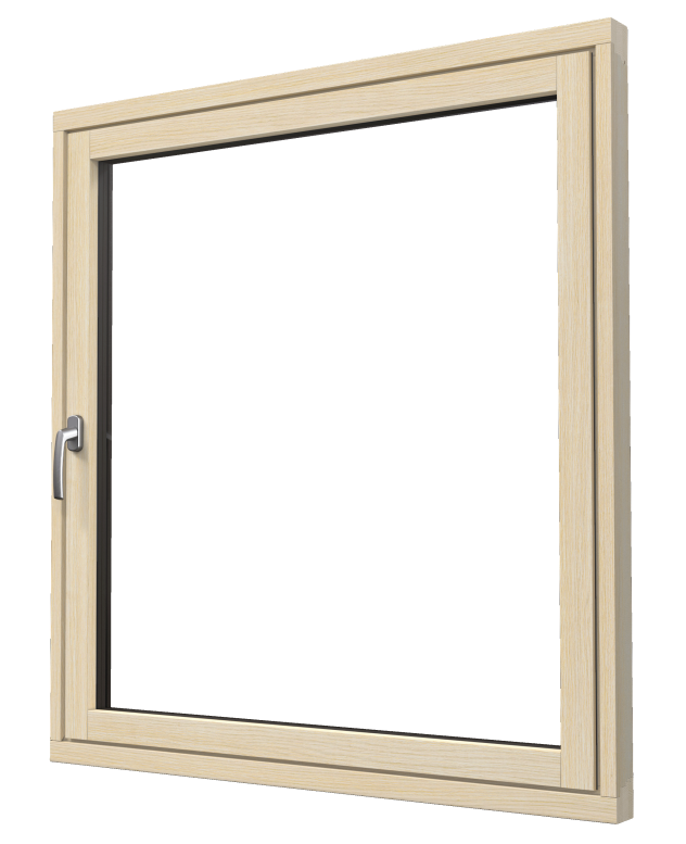 Une fenêtre carrée à cadre en bois clair avec une poignée argentée sur le côté gauche, représentée sur un fond blanc uni. La fenêtre semble fermée.