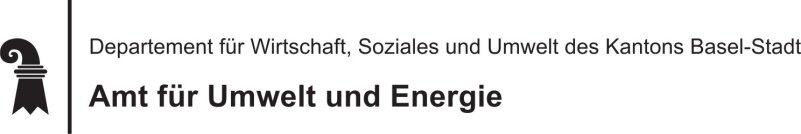 Logo des Amtes für Umwelt und Energie, Basel-Stadt, mit einem schwarzen stilisierten Stabsymbol auf der linken Seite und deutschem Text, der auf das Departement für Wirtschaft, Soziales und Umwelt des Kantons Basel-Stadt hinweist.