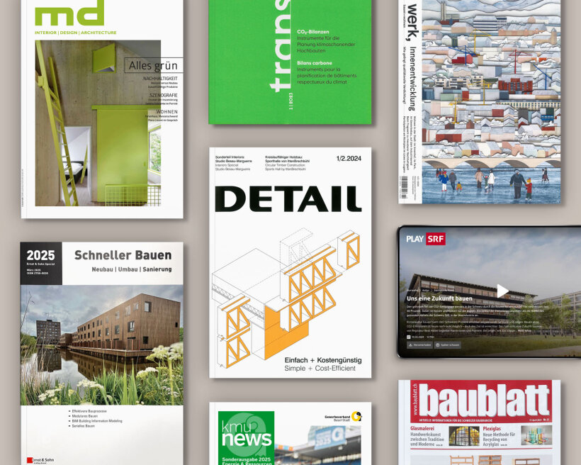 Eine flache Darstellung von neun verschiedenen Titelseiten von Architektur- und Designmagazinen, die verschiedene Layouts, Überschriften und Bilder zu den Themen Bauen, Inneneinrichtung und Konstruktion zeigen.