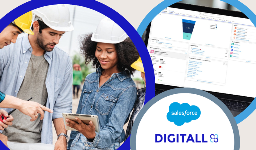 Drei Personen in Bauhelmen schauen auf ein Tablet. Neben ihnen ist ein Laptop-Bildschirm mit Salesforce-Analysen zu sehen, darunter die Logos von Salesforce und DIGITALL.