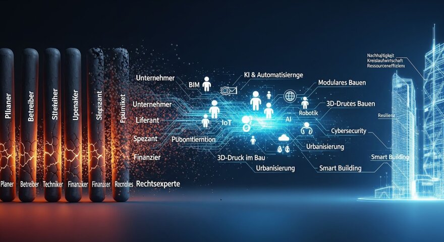 Futuristische Illustration, die digitale Verbindungen zwischen den Rollen im Bauwesen (z. B. Planer, Bediener) und Konzepten wie KI, 3D-Druck, BIM und Nachhaltigkeit zeigt, mit einer modernen Stadtlandschaft im Hintergrund.