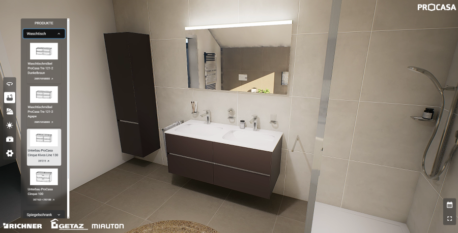 Modernes Badezimmer mit einem großen Wandspiegel über einem Doppelwaschbecken, einem Wandschrank, einem beigen Fliesenboden und einer Teilansicht einer Glasduschkabine auf der rechten Seite. Auf der linken Seite ist ein digitales Produktmenü zu sehen.