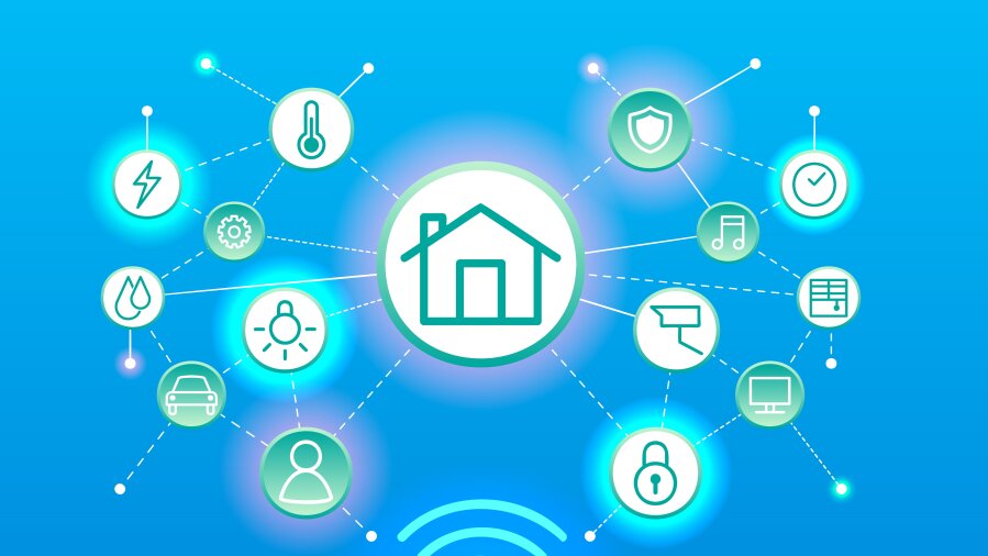 Diagramm eines intelligenten Hauses mit vernetzten Symbolen, einschließlich Sicherheit, Beleuchtung, Temperatur, Wasser, Auto, Computer, Musik und Energie, die alle mit einem zentralen Haussymbol auf einem blauen Hintergrund mit Farbverlauf verbunden sind.
