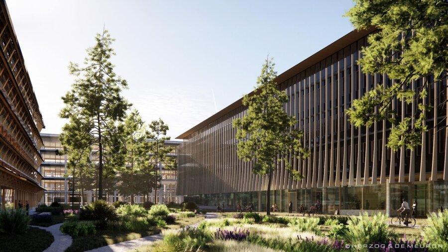 Moderne Bürogebäude mit Glasfassaden, umgeben von hohen Bäumen und angelegten Gärten; an einem sonnigen Tag spazieren und radeln die Menschen auf den Wegen.