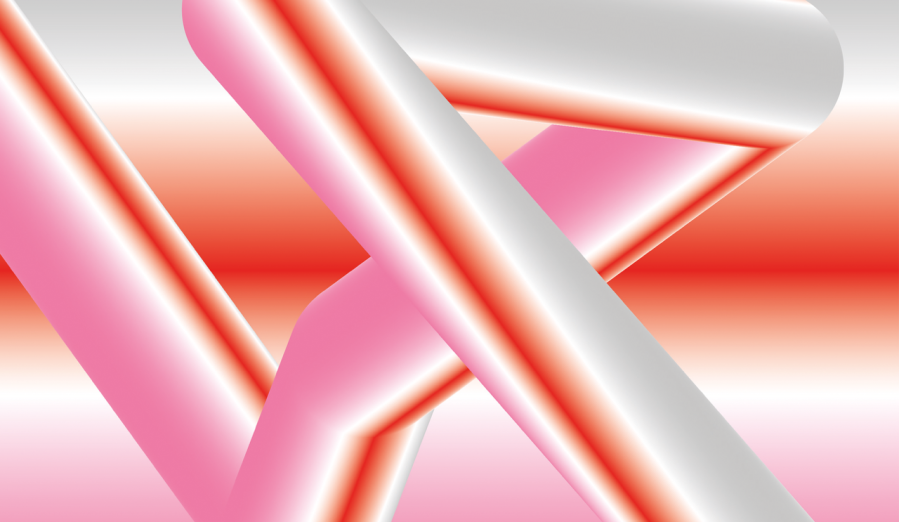 Abstraktes digitales Kunstwerk mit sich kreuzenden röhrenförmigen Formen in weißen, rosafarbenen und roten Farbtönen vor einem Hintergrund mit Farbverlauf aus weißen, roten und rosafarbenen horizontalen Streifen. Das Design schafft ein futuristisches und dynamisches Gefühl.