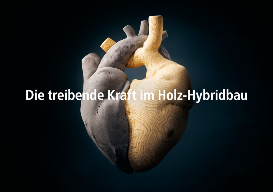 Eine 3D-Herzskulptur, halb aus Beton und halb aus Holz, mit dem deutschen Text Die treibende Kraft im Holz-Hybridbau in der Mitte.