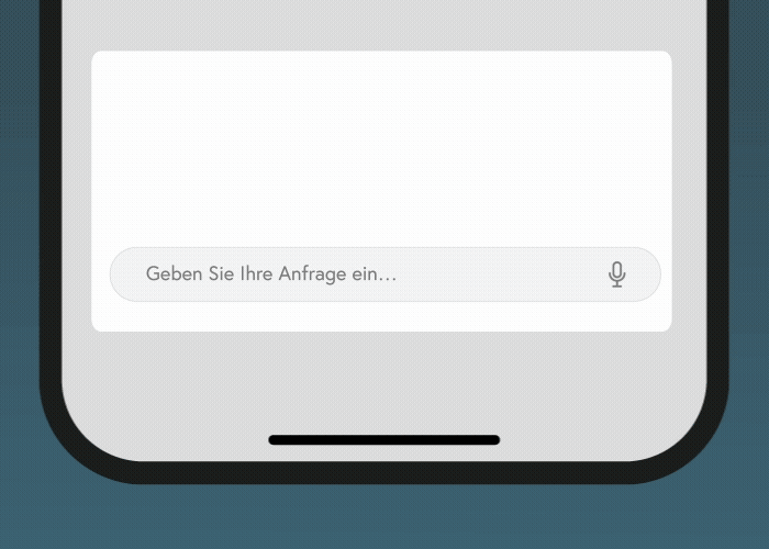 Nahaufnahme eines Smartphone-Bildschirms mit einem Texteingabefeld mit dem deutschen Platzhalter Geben Sie Ihre Anfrage ein... und einem Mikrofon-Symbol, das darauf hinweist, dass der Benutzer seine Anfrage tippen oder sprechen kann.
