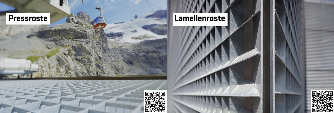 Links eine Nahaufnahme eines Metallpressrostes mit Bergen und einer Seilbahn im Hintergrund, rechts eine Detailansicht eines abgewinkelten Metalllamellenrostes. Textetiketten und QR-Codes sind auf beiden Seiten vorhanden.