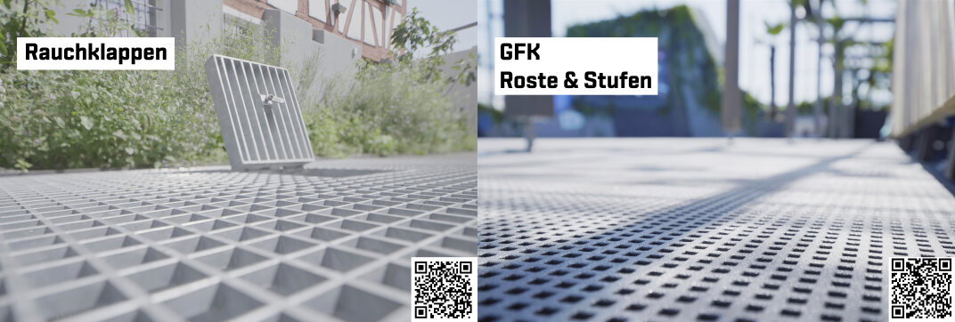 Nahaufnahme eines Metallgitters mit einem offenen Rauchabzug auf der linken Seite; die rechte Seite zeigt Glasfasergitterplatten im Freien. Text: Rauchklappen (links), GFK Roste & Stufen (rechts). Beide Seiten sind mit QR-Codes versehen.