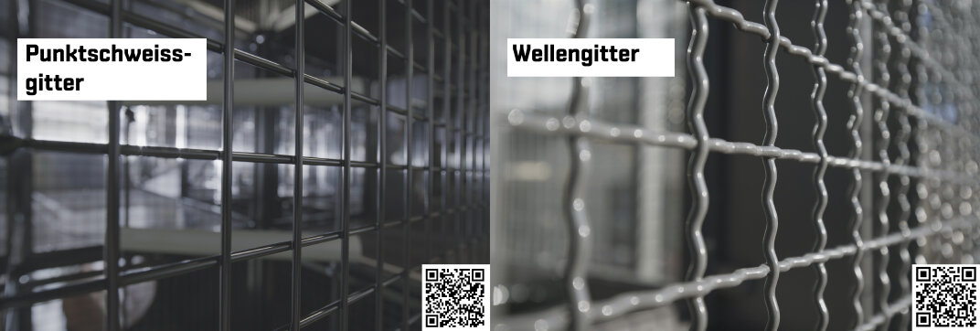 Geteiltes Bild, das zwei Arten von Metallgittern zeigt: links ein geschweißtes Quadratgitter mit der Bezeichnung Punktschweißgitter, rechts ein Wellengitter. Jede Seite hat einen QR-Code in der unteren rechten Ecke.