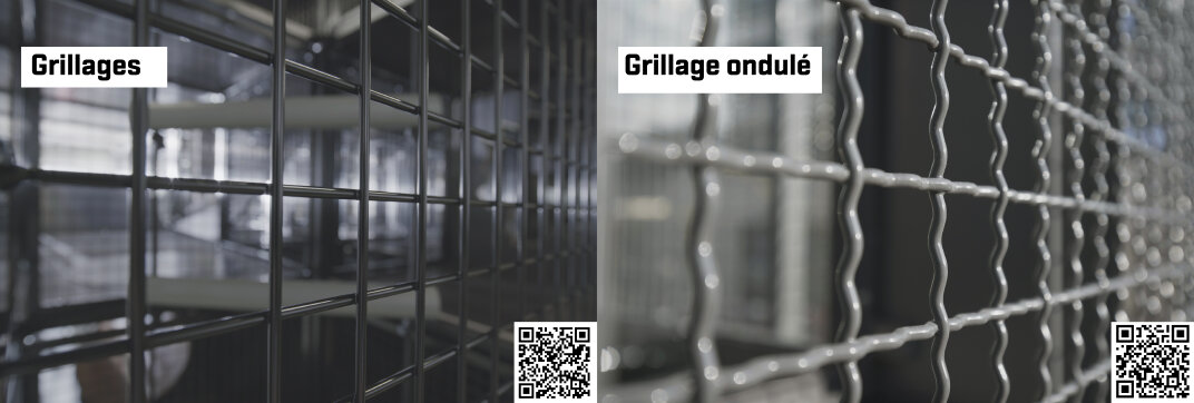 Image fractionnée montrant deux types de clôtures métalliques : à gauche, un grillage droit appelé "Grillages", à droite, un grillage ondulé appelé "Grillage ondulé". Chaque côté comporte un code QR dans le coin inférieur.