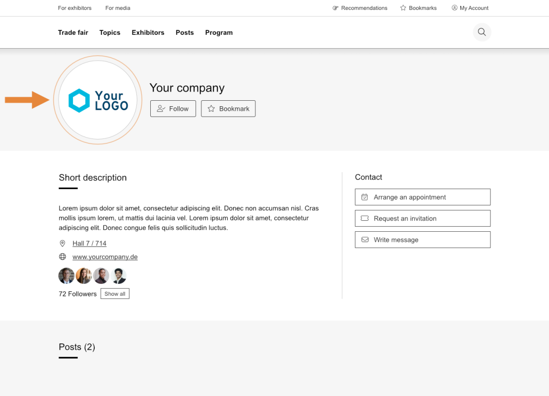 A company profile page featuring a placeholder logo on the left, company name Your company, buttons to follow or bookmark, a dummy text description, contact options, and a follower count of 72 at the bottom.
