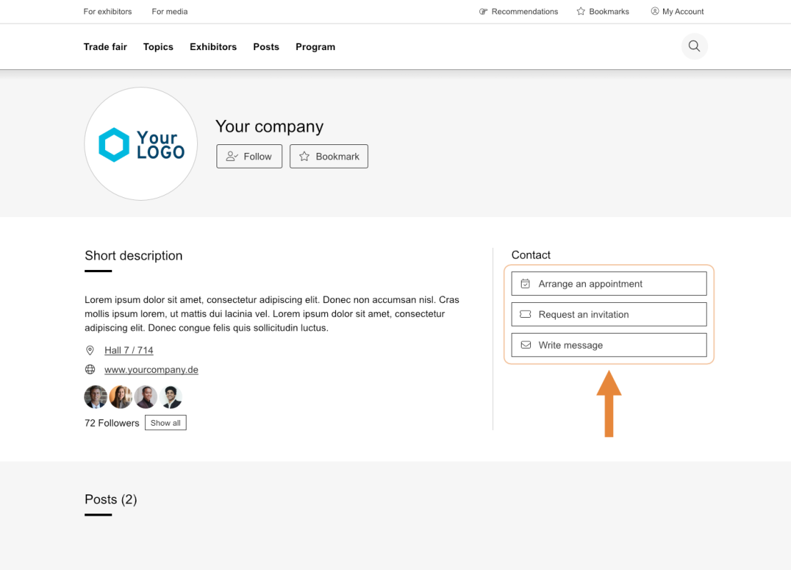 A company profile page displaying a logo, short description, contact options, and buttons to arrange an appointment, request an invitation, or write a message. An orange arrow points to the Write message button.