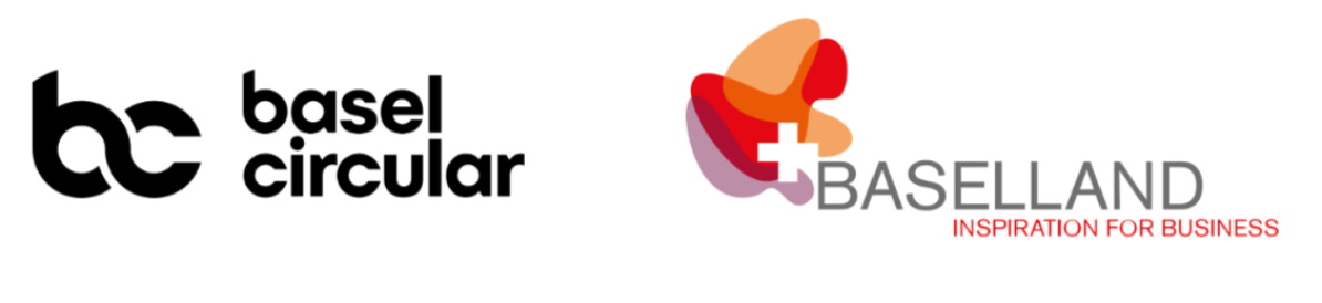 Zwei Logos: links "bc basel circular" in schwarzer Schrift; rechts eine abstrakte Form in Rot und Orange mit einem weissen Kreuz, daneben "BASELAND" und "INSPIRATION FOR BUSINESS" in grauer und roter Schrift.