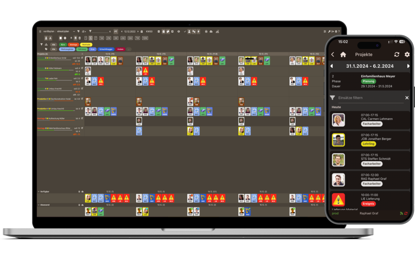 Un ordinateur portable et un smartphone affichent un outil de gestion de projet avec une vue de calendrier montrant de multiples tâches, icônes et avatars d'utilisateurs, indiquant les affectations de l'équipe et les statuts du projet.
