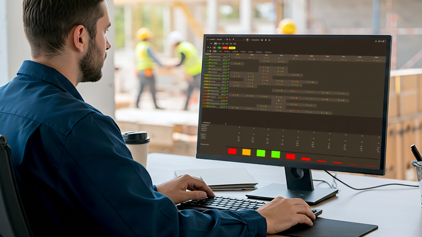 Un homme est assis à un bureau et utilise un ordinateur avec un logiciel de gestion de projet à l'écran. Un chantier de construction avec des ouvriers en tenue de sécurité est visible à travers une fenêtre à l'arrière-plan.