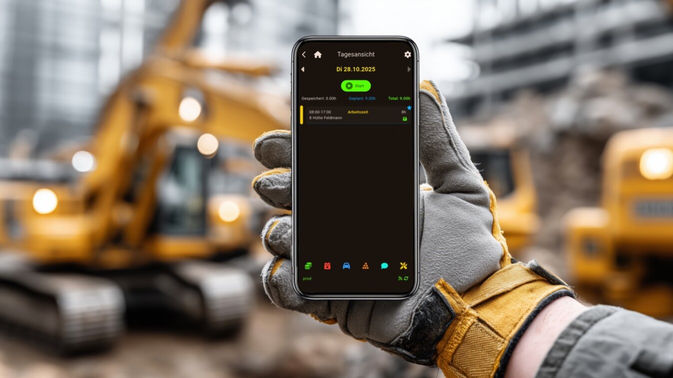 Une main gantée tient un smartphone affichant une application de calendrier de travail, avec un équipement de construction flou en arrière-plan sur un chantier en plein air.