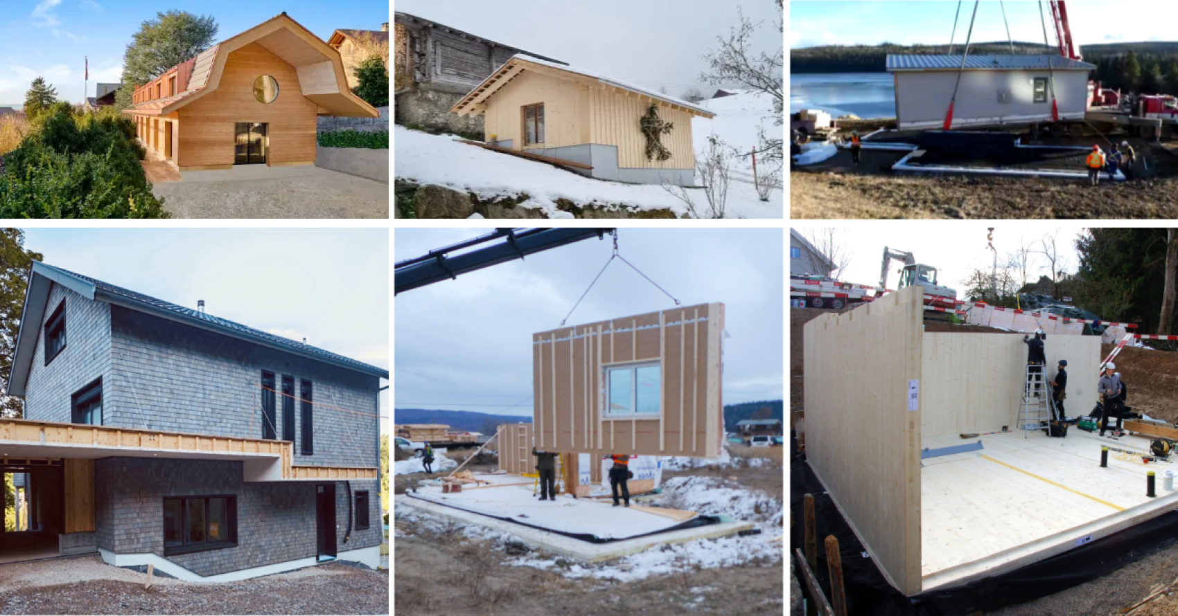 Collage montrant des maisons préfabriquées modernes et des processus de construction, y compris des maisons en bois finies et des scènes de panneaux muraux préfabriqués et de sections assemblées par des grues sur des chantiers de construction.