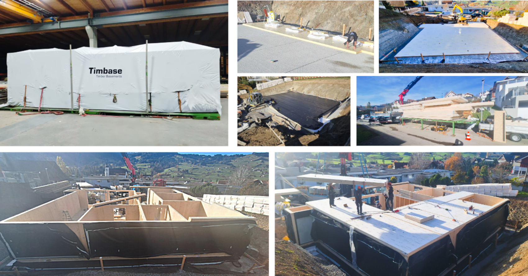Un collage montre les étapes de la construction d'une maison en bois : matériaux en bois enveloppés dans du plastique, préparation des fondations, creusement du terrain, pose du socle, pose des panneaux muraux et assemblage de la structure porteuse.