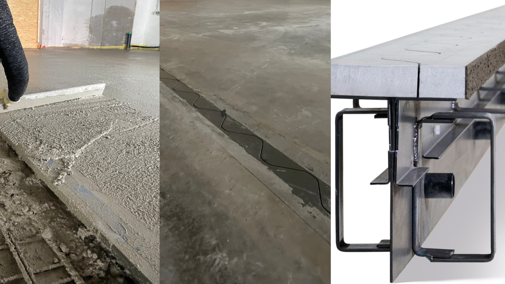 Drei Bilder: frisch gegossener Beton wird nivelliert, ein Betonboden mit einer Fuge, die mit Material gefüllt ist, und eine Nahaufnahme eines Metallbetonfugensystems, die dessen Einbau und Aufbau zeigt.
