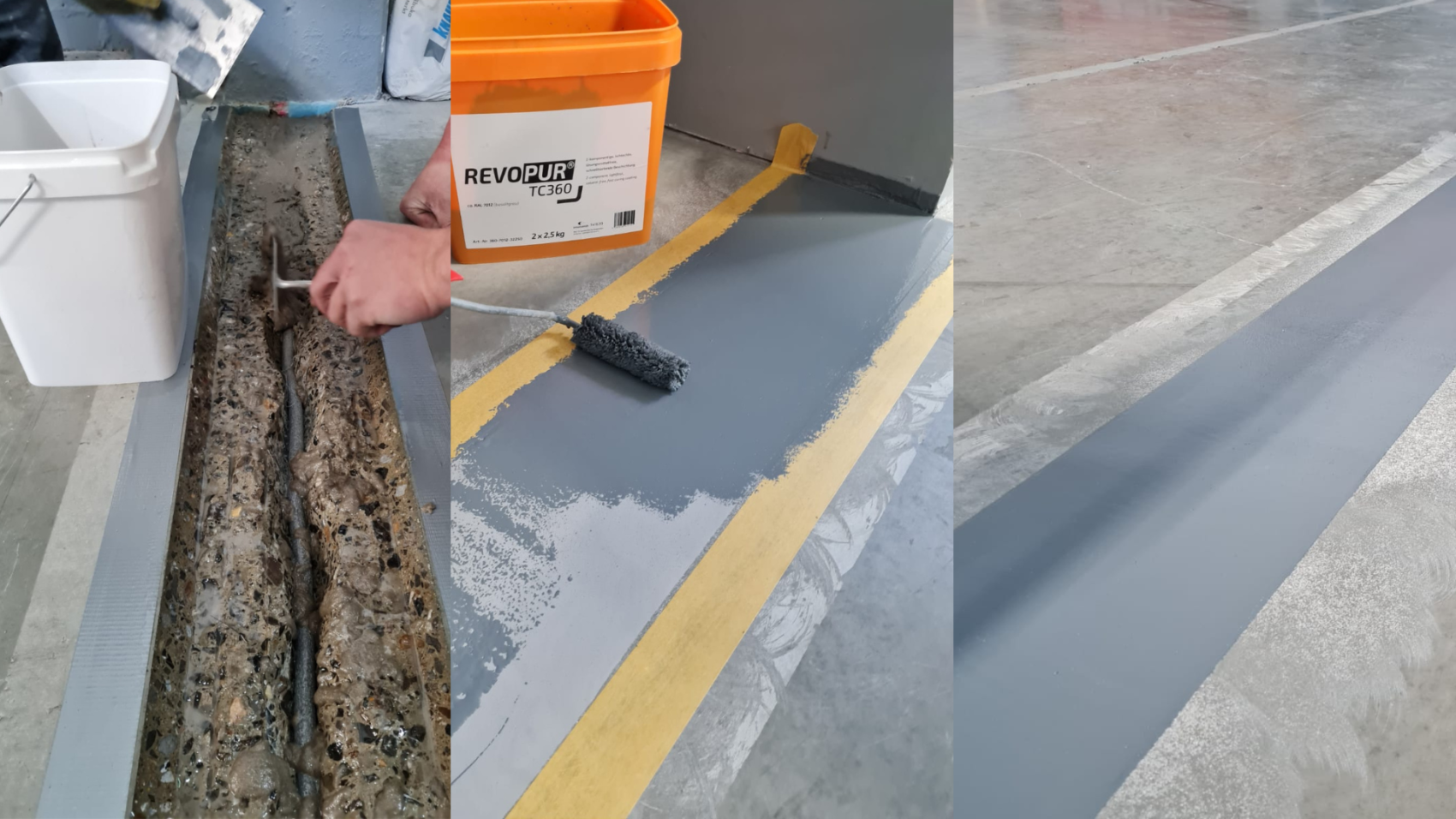 Dreiteiliges Bild: links eine Person, die Material auf einen Riss im Boden aufträgt; in der Mitte eine Farbrolle, die zwischen gelben Klebebandlinien graue Beschichtung aufträgt; rechts der fertige, glatte, grau beschichtete Boden.
