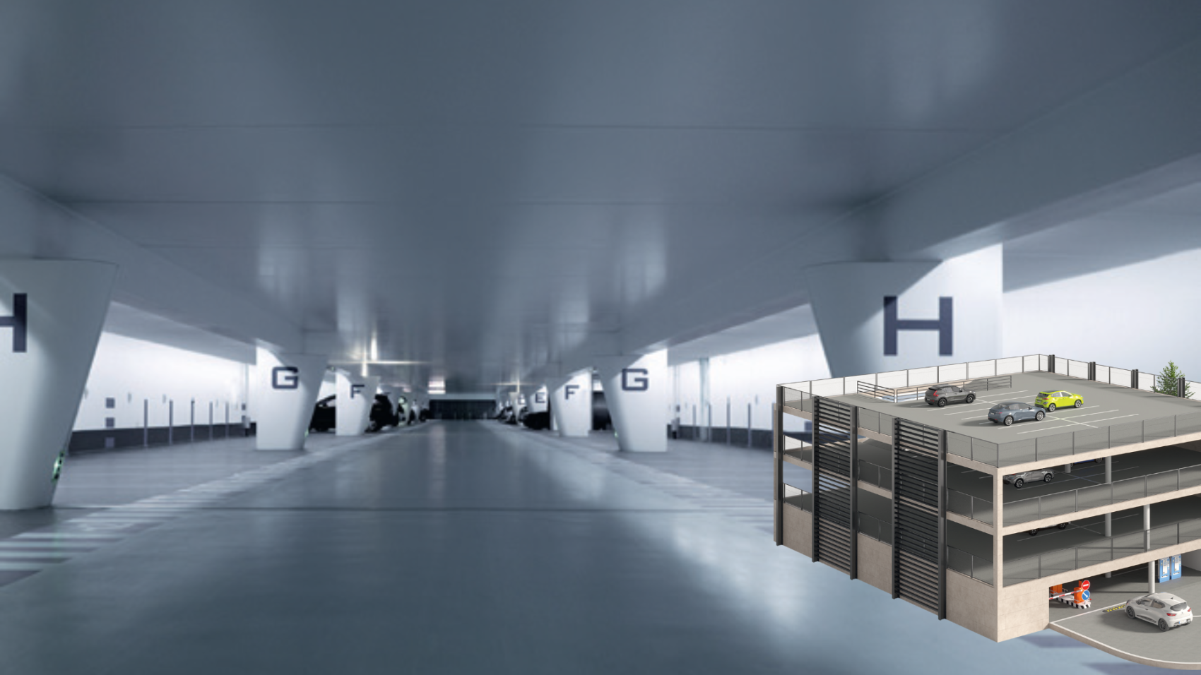 Ein geräumiges, modernes Parkhaus mit weißen Wänden, großen H- und G-Schildern an Säulen und einem kleinen Ausschnitt eines mehrstöckigen Parkhauses im Vordergrund.