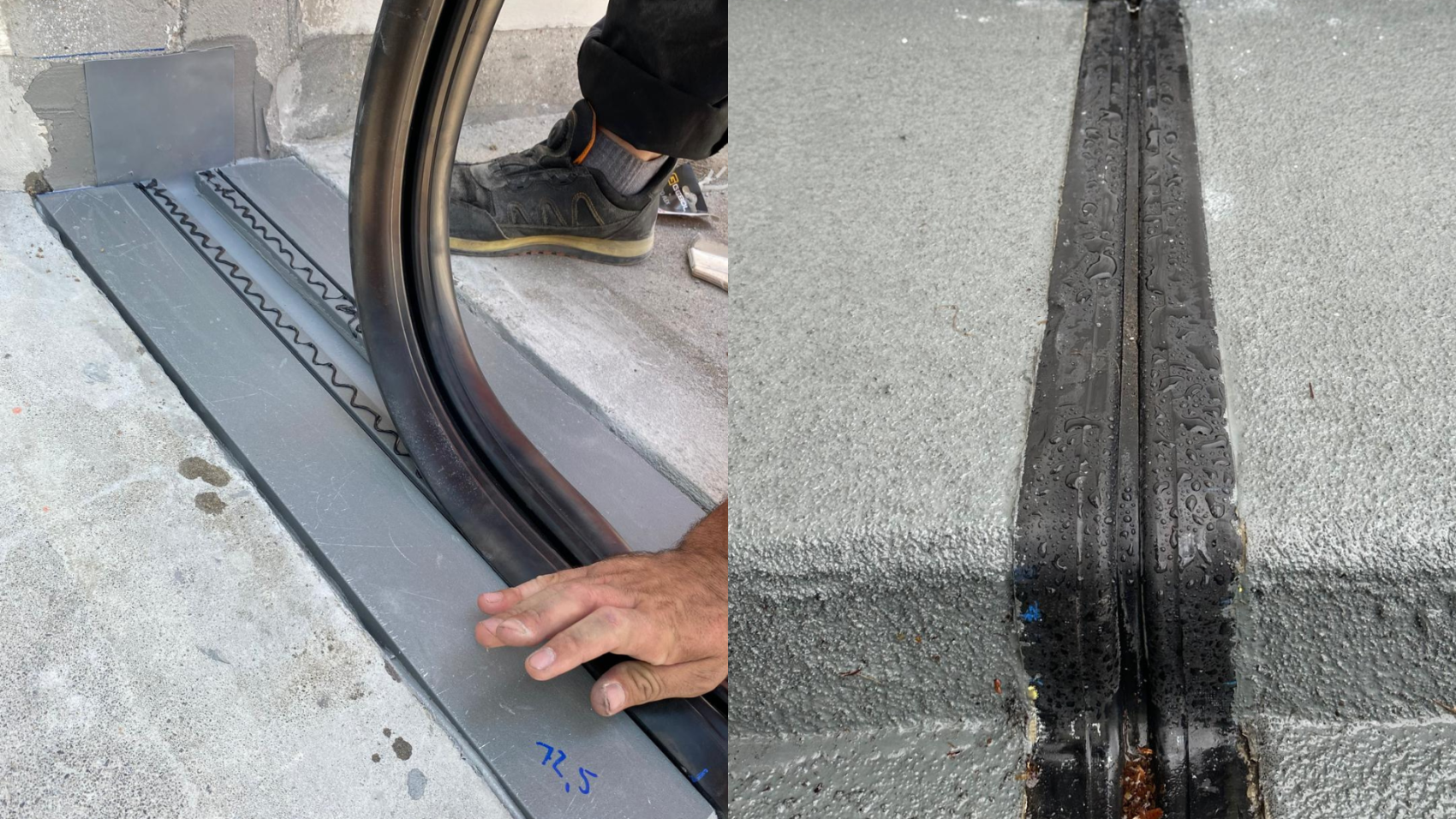 Eine Person installiert eine schwarze Gummidehnfuge auf einer Betonoberfläche (links); Nahaufnahme der abgedichteten Fuge auf nassem Beton, die Wassertropfen zeigt (rechts).