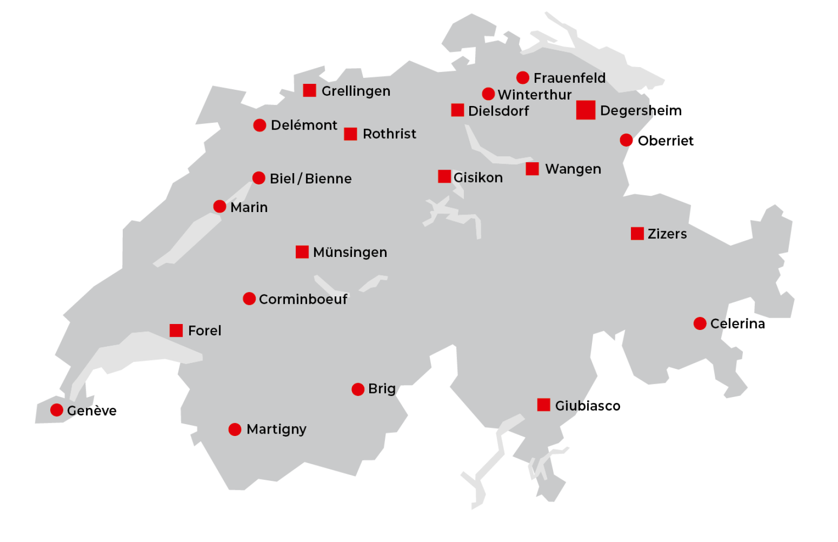 Auf einer Karte der Schweiz sind die wichtigsten Städte und Orte mit roten Quadraten und schwarzer Schrift markiert, darunter Genf, Winterthur, Brig, Giubiasco, Celerina und andere im ganzen Land.
